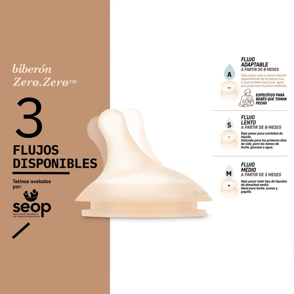 Pack de 2 Tetinas de silicona para mamadera Zero Zero anticólico Talla A y M - Suavinex