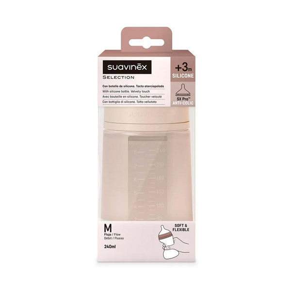 MAMADERA CON BOTELLA DE SILICONA 240ML CON TETINA FISIOLÓGICA SX PRO DE SILICONA, CON VÁLVULA ANTICÓLICO – FLUJO MEDIO +3M – COLOUR ESSENCE – NUDE