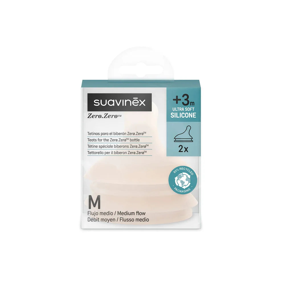 Pack de 2 Tetinas de silicona para mamadera Zero Zero anticólico Talla A y M - Suavinex