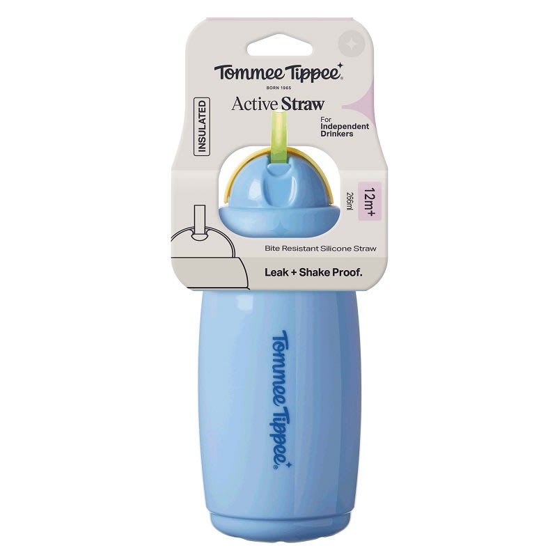 VASO CON BOMBILLA DE SILICONA 266ML ACTIVE STRAW 12 MESES+ - Tommee Tippee
