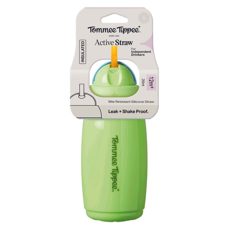 VASO CON BOMBILLA DE SILICONA 266ML ACTIVE STRAW 12 MESES+ - Tommee Tippee